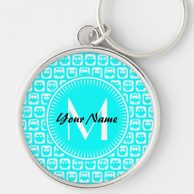 Aqua Owl Pattern Custom Monogram Personalized Name Keychain (Front)