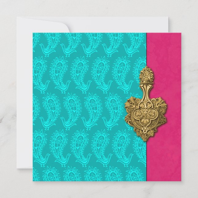 Aqua Paisley Peacock Indian Wedding Invitation (Front)