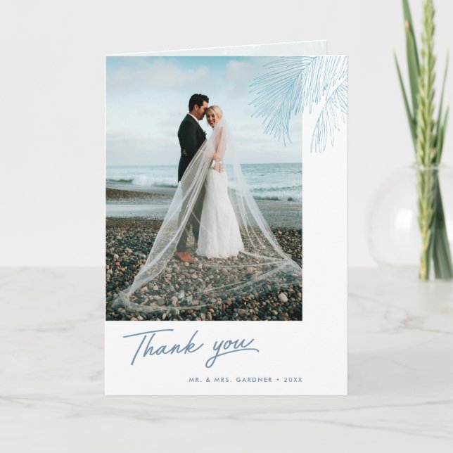 Aqua Palm Leaves Tropical Beach Wedding Thank You Card (Front)