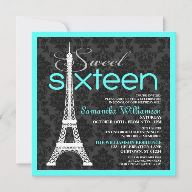 Aqua Paris Sweet 16 Invitations (Front)