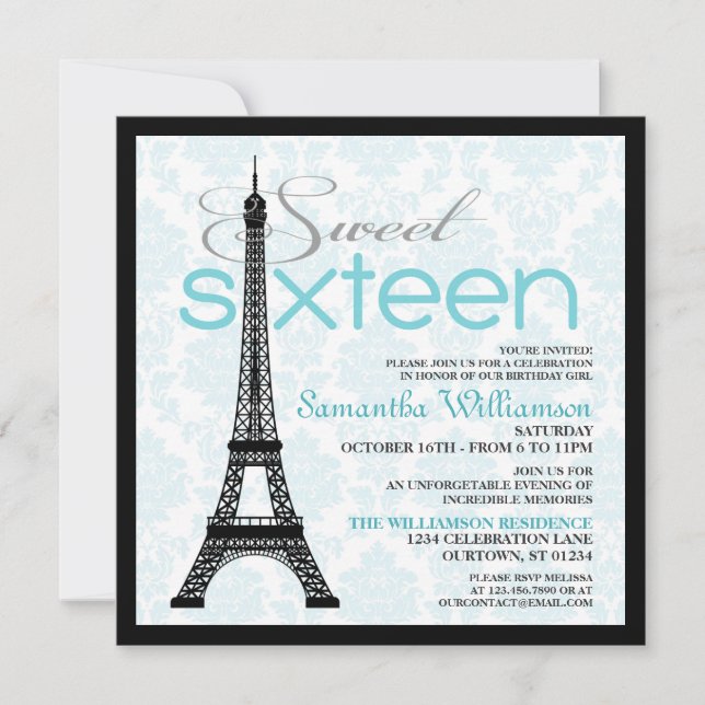 Aqua Paris Sweet 16 Invitations (Front)