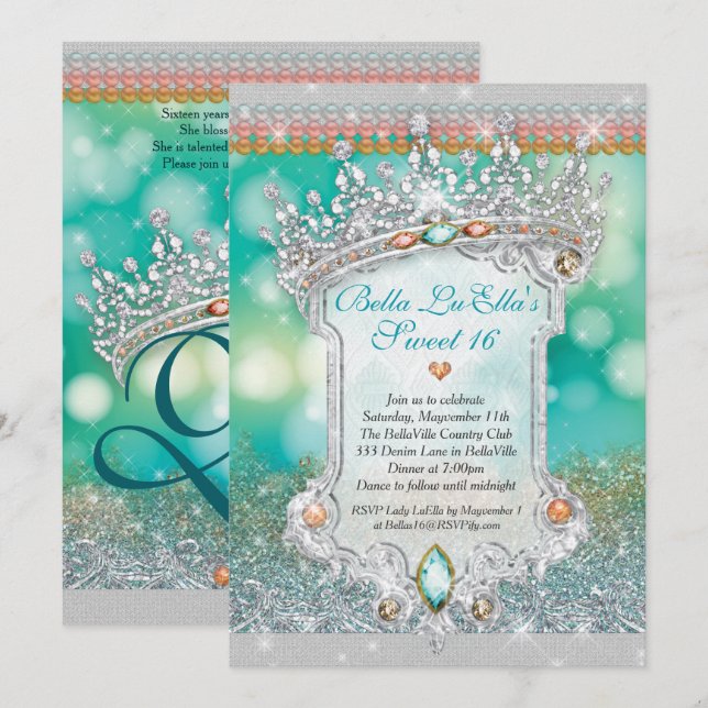 Aqua Parties scintillant Tiara Sweet 16 Invitation (Devant / Derrière)