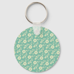 Aqua Pastel Blue Vintage Floral Print Pattern Keychain