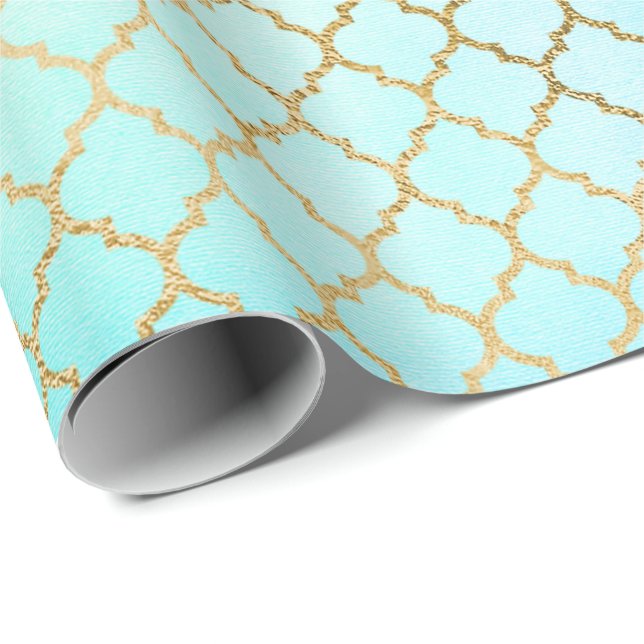 Aqua Pastel Ombre Gold Pink Quatrefoil Min Wrapping Paper (Roll Corner)