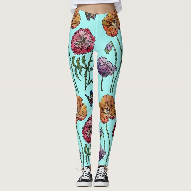 Aqua Pavot moyen Pavot Floral Aquarelle Leggings (Devant)