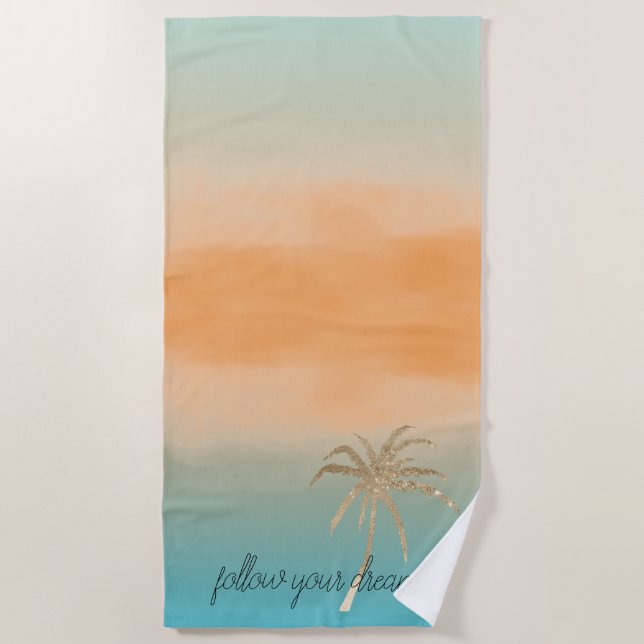 Aqua Peach Gold Tropical Palm Tree Ombre       Beach Towel (Front)