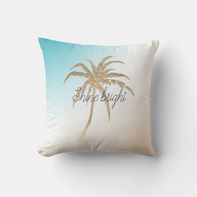  Aqua Peach Gold Tropical Palm Tree           Throw Pillow (Front)