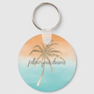 Aqua Peach Gold Tropical Palm Trees Ombre     Keychain