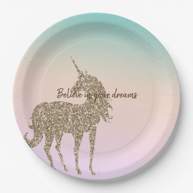 Aqua Peach Purple Pink Tie Dye Unicorn Paper Plate (Front)