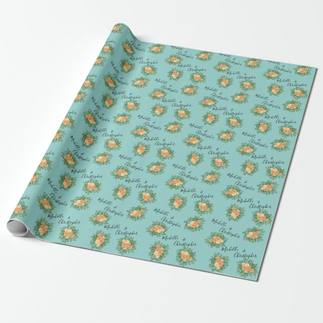 Aqua Peach Wedding Floral Roses Wrapping Paper (Unrolled)