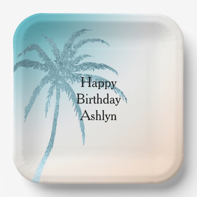  Aqua Peach White Palm Tree Birthday Paper Plate (Front)