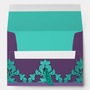 Aqua Peacock & Purple Damask Wedding Envelopes