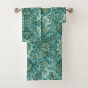 Aqua Pearlescent & Gold Mermaid Scale Pattern Bath Towel Set