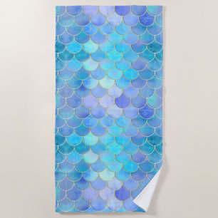 Aqua Pearlescent & Gold Mermaid Scale Pattern Beach Towel