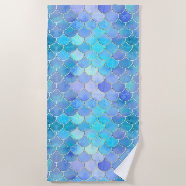 Aqua Pearlescent & Gold Mermaid Scale Pattern Beach Towel (Front)