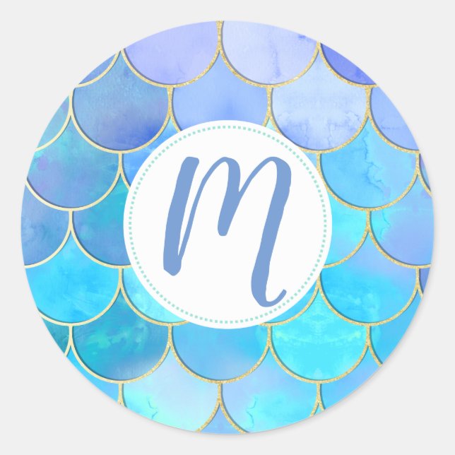 Aqua Pearlescent & Gold Mermaid Scale Pattern Classic Round Sticker (Front)
