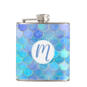 Aqua Pearlescent & Gold Mermaid Scale Pattern Hip Flask