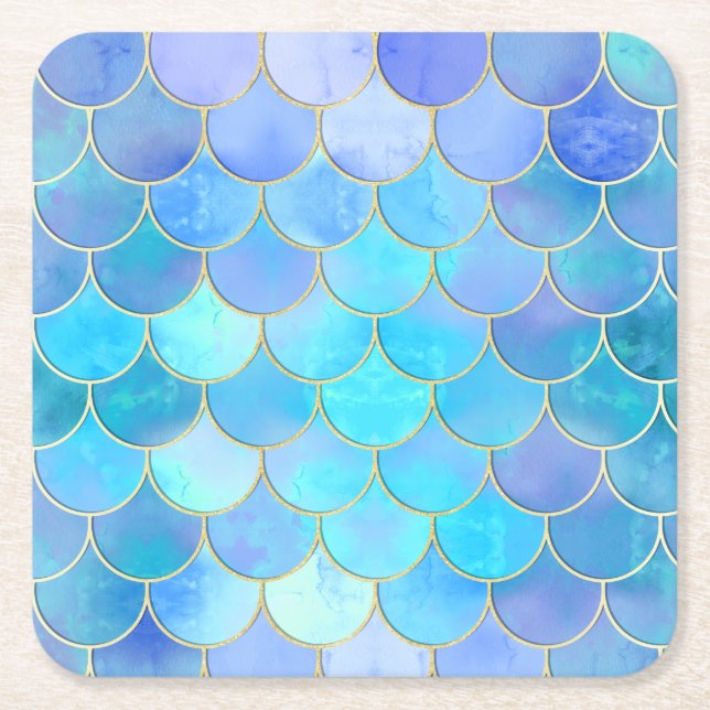 Aqua Pearlescent & Gold Mermaid Scale Pattern Square Paper Coaster (Front)