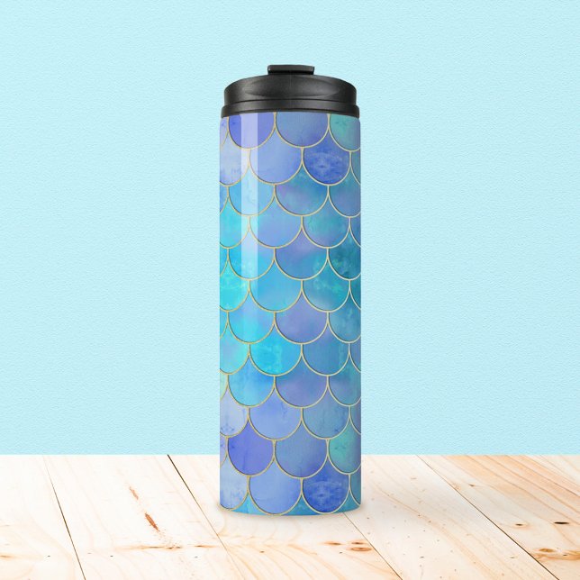 Aqua Pearlescent & Gold Mermaid Scale Pattern Thermal Tumbler (Aqua Pearlescent Mermaid Scale Pattern Tumbler)