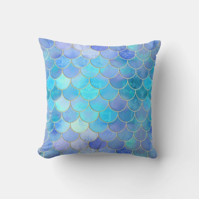 Aqua Pearlescent & Gold Mermaid Scale Pattern Throw Pillow (Front)