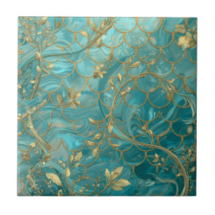 Aqua Pearlescent & Gold Mermaid Scale Pattern  Tile