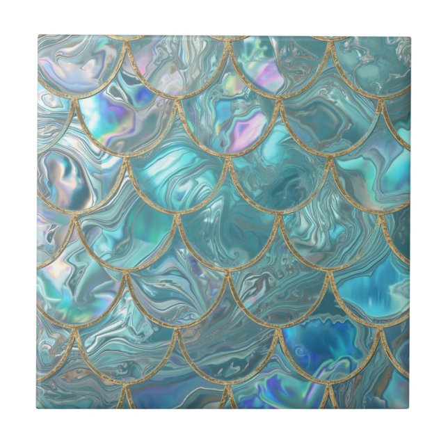 Aqua Pearlescent & Gold Mermaid Scale Pattern  Tile (Front)