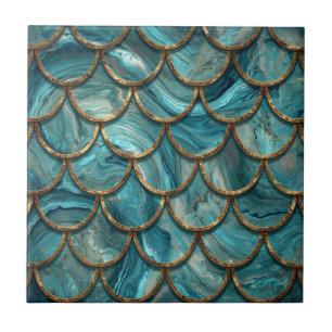 Aqua Pearlescent & Gold Mermaid Scale Pattern Tile