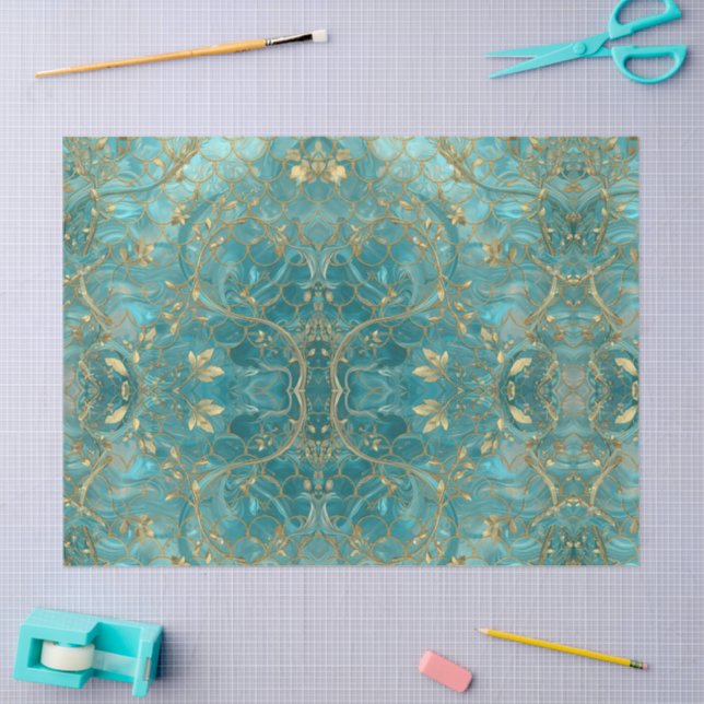 Aqua Pearlescent & Gold Mermaid Scale Pattern  Tissue Paper (Craft)