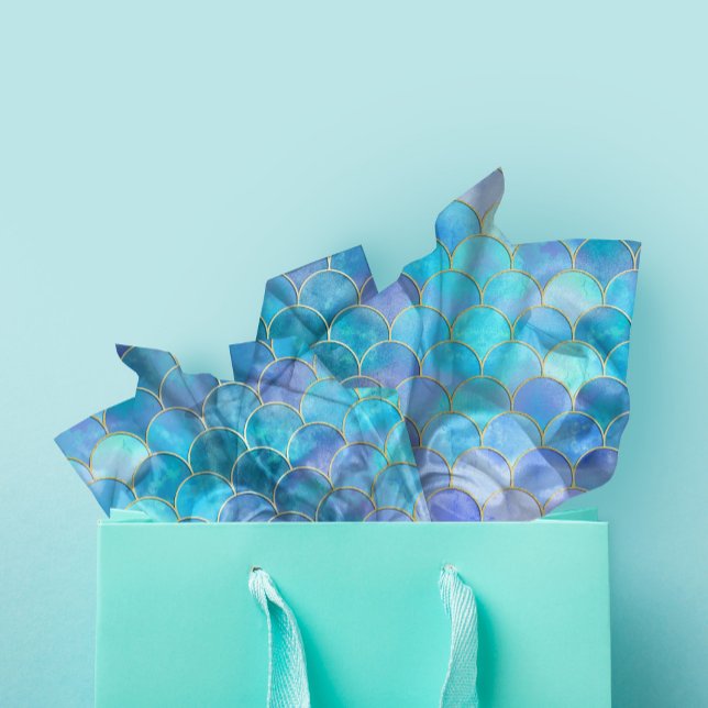 Aqua Pearlescent & Gold Mermaid Scale Pattern Tissue Paper (Mermaid Scale Pattern Tissue Paper for Crafts & Gift Wrapping)