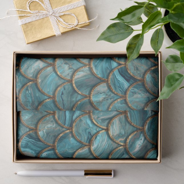 Aqua Pearlescent & Gold Mermaid Scale Pattern  Tissue Paper (Gift)