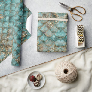 Aqua Pearlescent & Gold Mermaid Scale Pattern Wrapping Paper