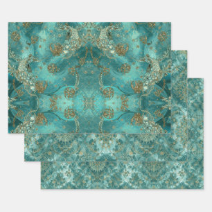 Aqua Pearlescent & Gold Mermaid Scale Pattern  Wrapping Paper Sheet