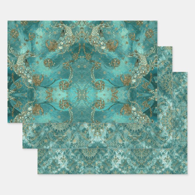 Aqua Pearlescent & Gold Mermaid Scale Pattern  Wrapping Paper Sheet (Set)