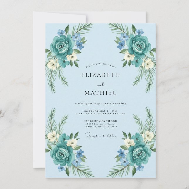 Aqua Peony Wedding Invitation (Front)