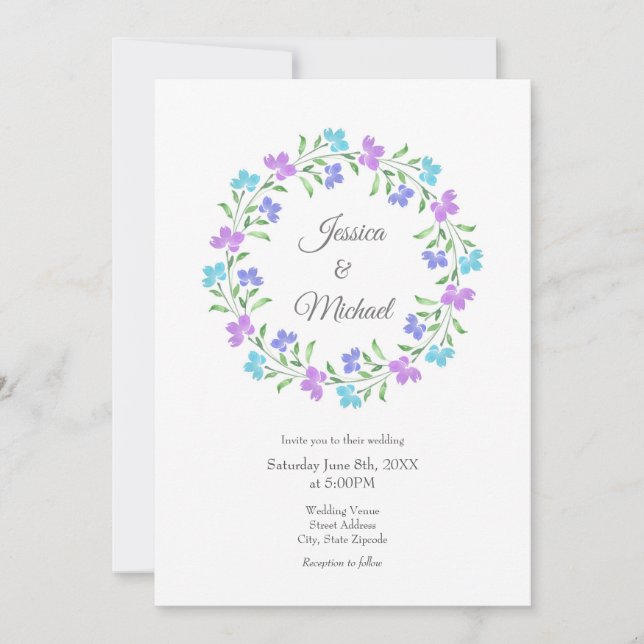 Aqua, Periwinkle, Purple Watercolor Floral Wreath Invitation (Front)