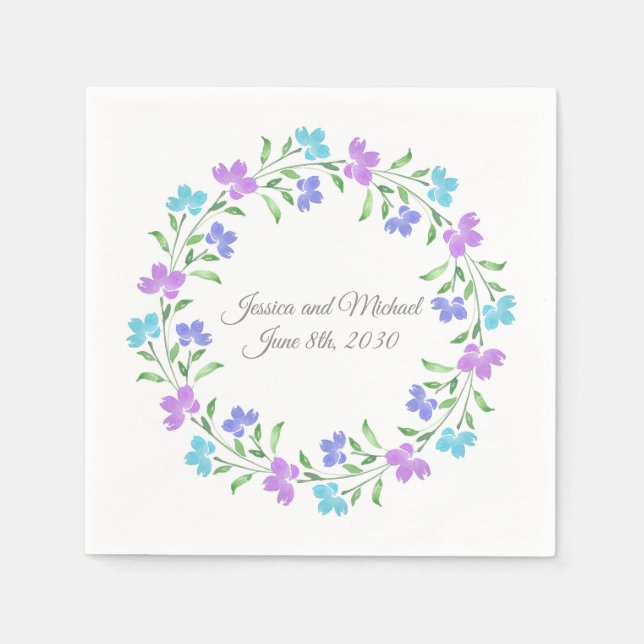 Aqua, Periwinkle, Purple Watercolor Floral Wreath Napkin (Front)