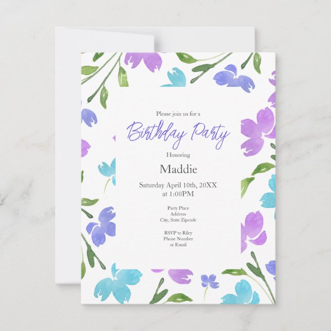 Aqua, Periwinkle, Purple Watercolor Flower Stems Invitation (Front)