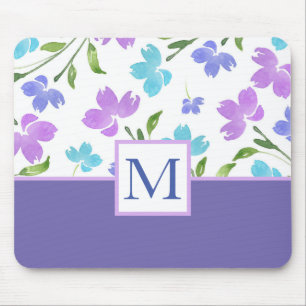 Aqua Periwinkle Purple Watercolor Flower Stems Mouse Pad