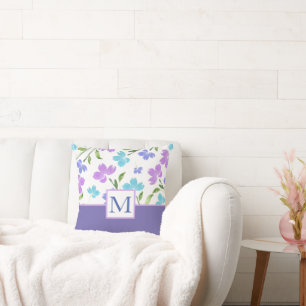 Aqua Periwinkle Purple Watercolor Flower Stems Throw Pillow