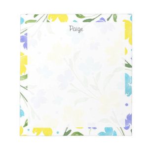 Aqua Periwinkle Yellow Watercolor Flower Stems  Notepad
