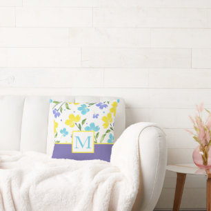 Aqua Periwinkle Yellow Watercolor Flower Stems Throw Pillow