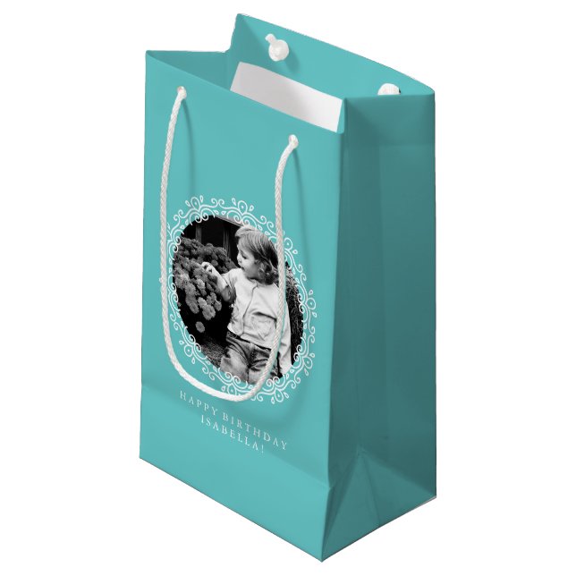 Aqua Personalized Fancy Swirls Photo Frame Small Gift Bag (Front Angled)