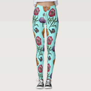Aqua Petits pavot à l'aquarelle florale Leggings