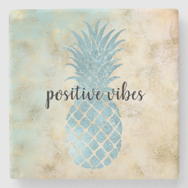 Aqua Pineapple Gold Grunge Stone Coaster (Front)