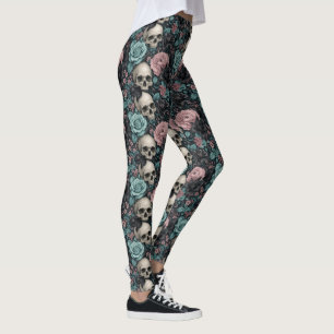 Aqua Pink and Black Goth Floral with Skulls Leggings