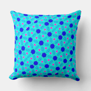 Aqua, Pink and Blue Flower Pattern Throw Pillow