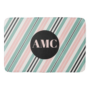Aqua Pink and Dark Grey Stripes Bath Mat