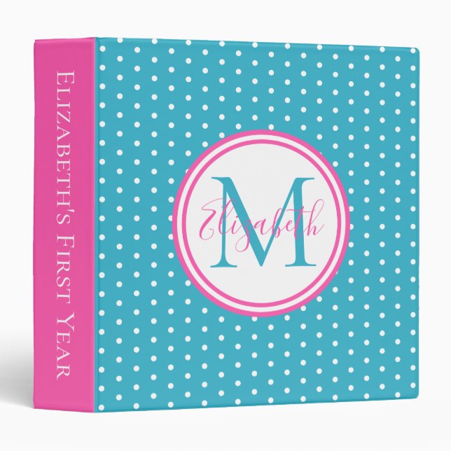 Aqua Pink and White Polka Dot Monogram Memory Binder (Front/Spine)