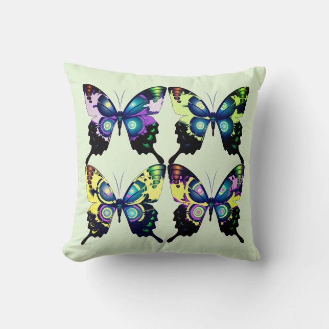 Aqua, Pink, and Yellow -  Elegant Butterflies Throw Pillow (Front)