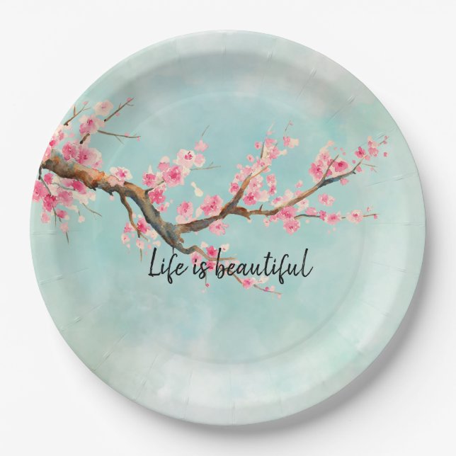 Aqua Pink Cherry Blossom Floral      Paper Plate (Front)